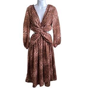 Anthropologie Ranna Gill Pink Brown Cheetah Cutout Midi Dress Size S Statement